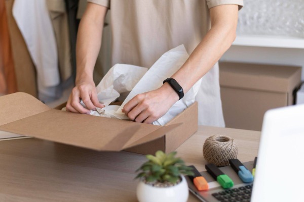 Close-up of hands packing an item in white tissue paper inside a kraft cardboard box on a wooden desk.